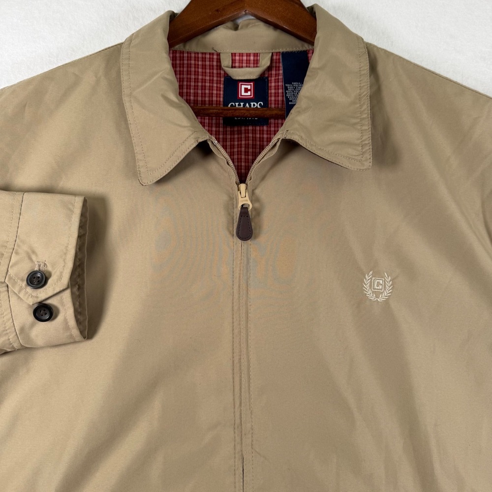 Chaps Mens Harrington Jacket Tan Khaki Plaid Lined Full Zip Windbreaker L/G